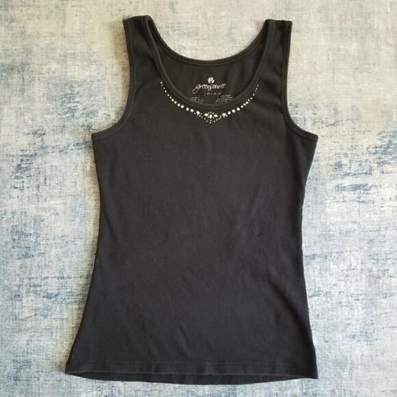 Greensource Tops - Black Tank Rhinestone Embellishments Neckline Med